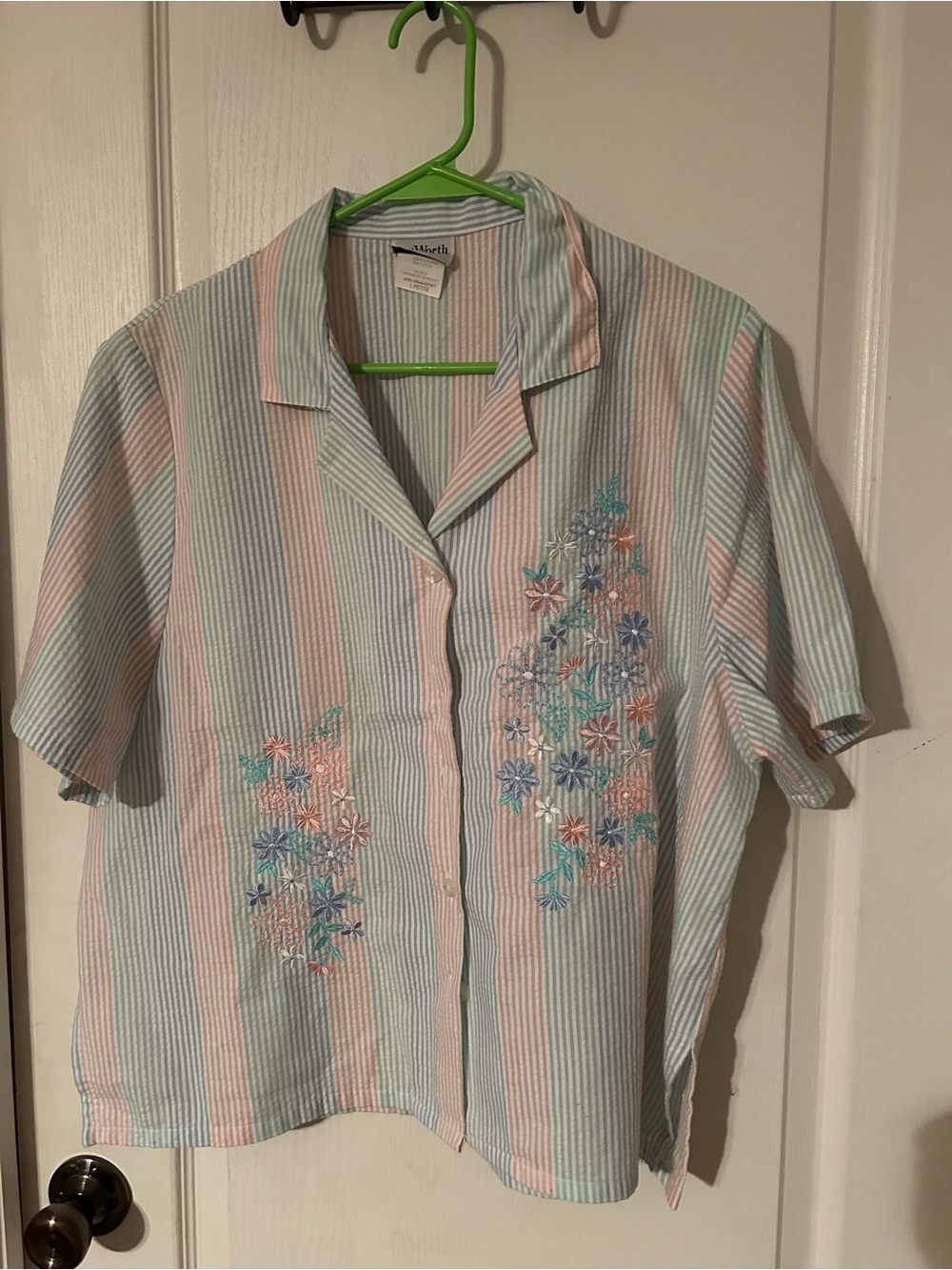 BonWorth Pastel Striped Button-Down Shirt with Floral Embroidery